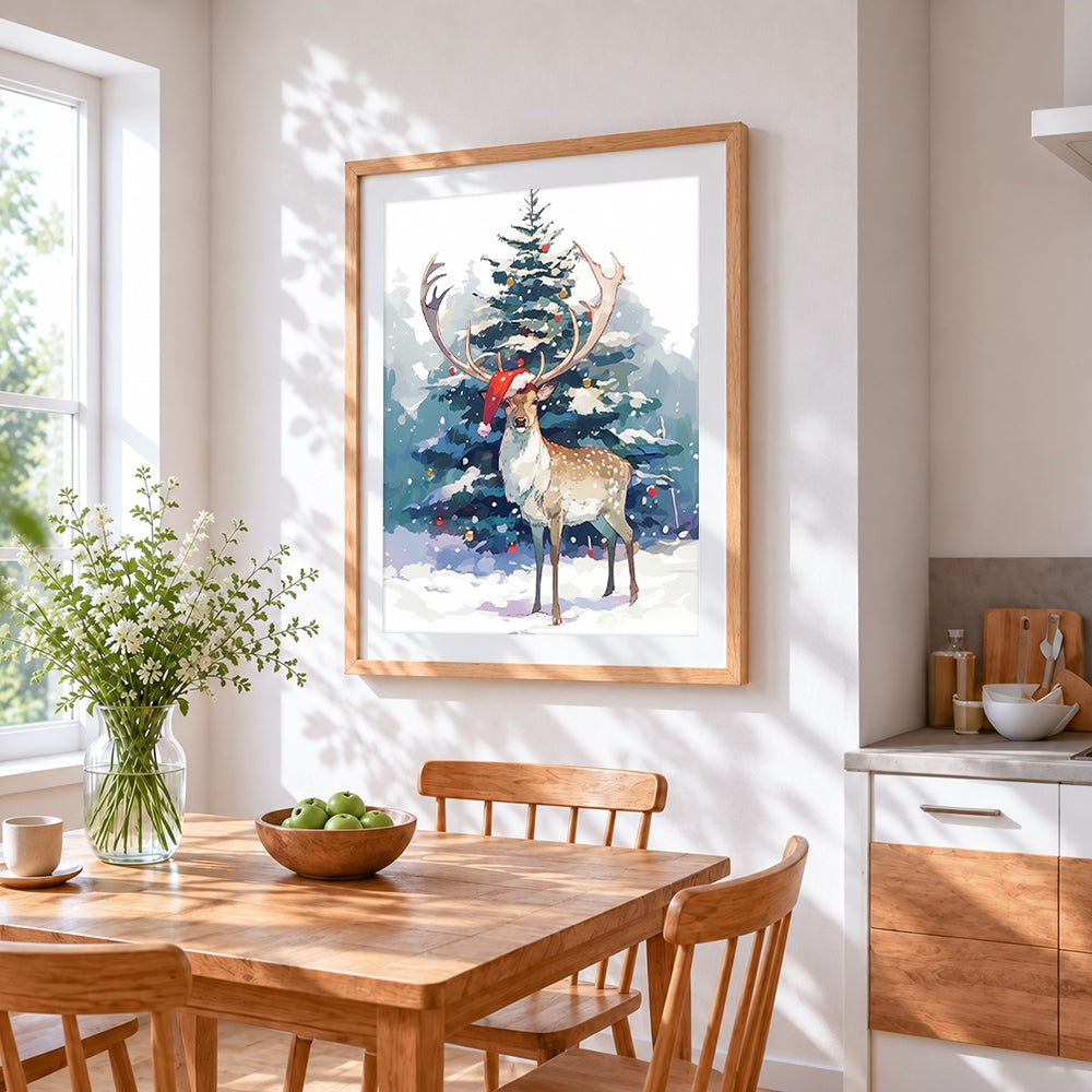 Snowy reindeer and christmas tree cross stitch artwork displayed on wall as home decor