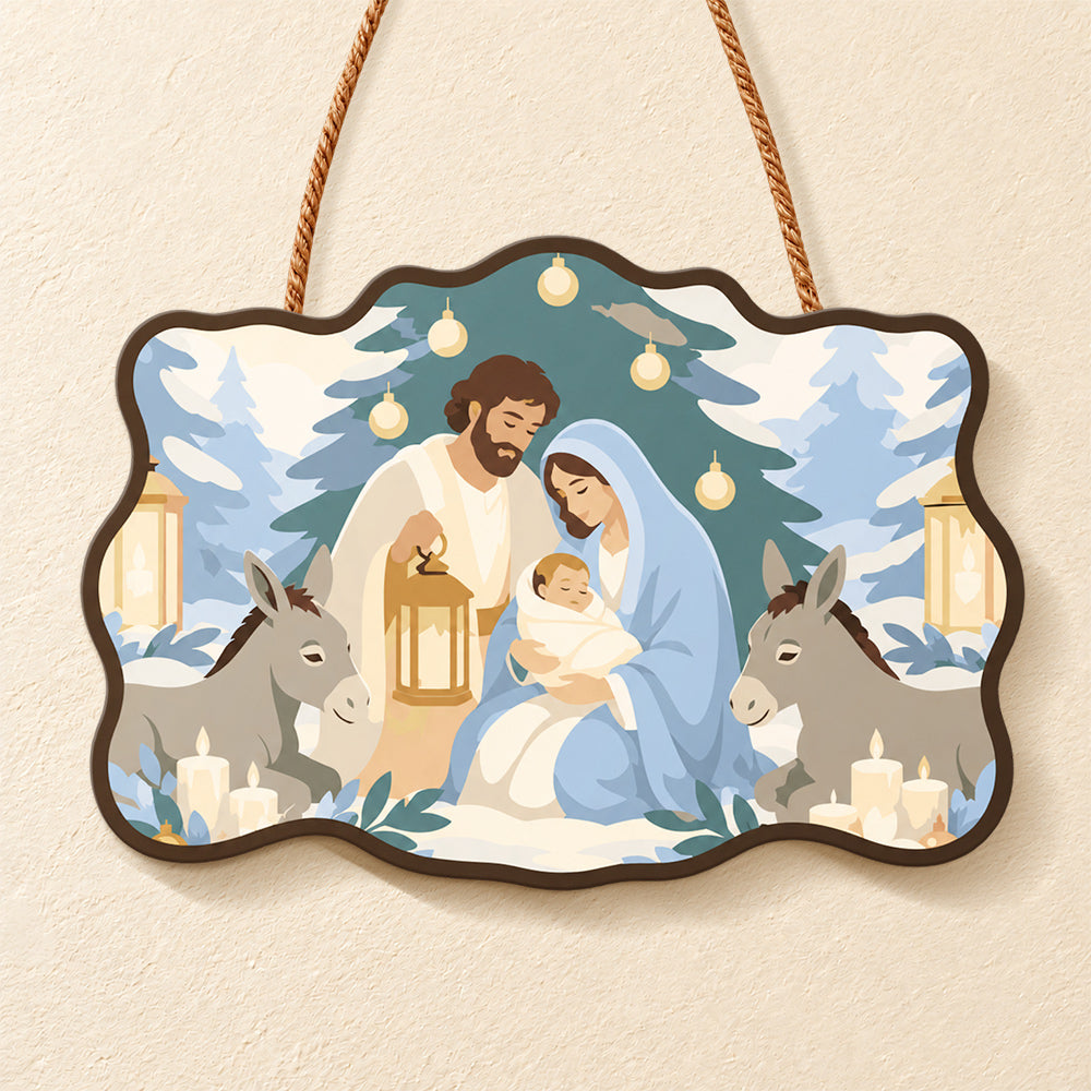 Snowy sacred scene paint by numbers door hanger finished design