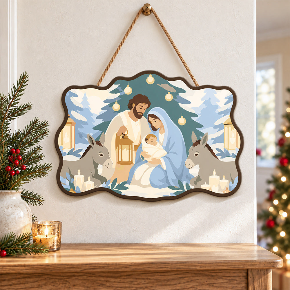 Snowy sacred scene paint by numbers door hanger as indoor wall decor