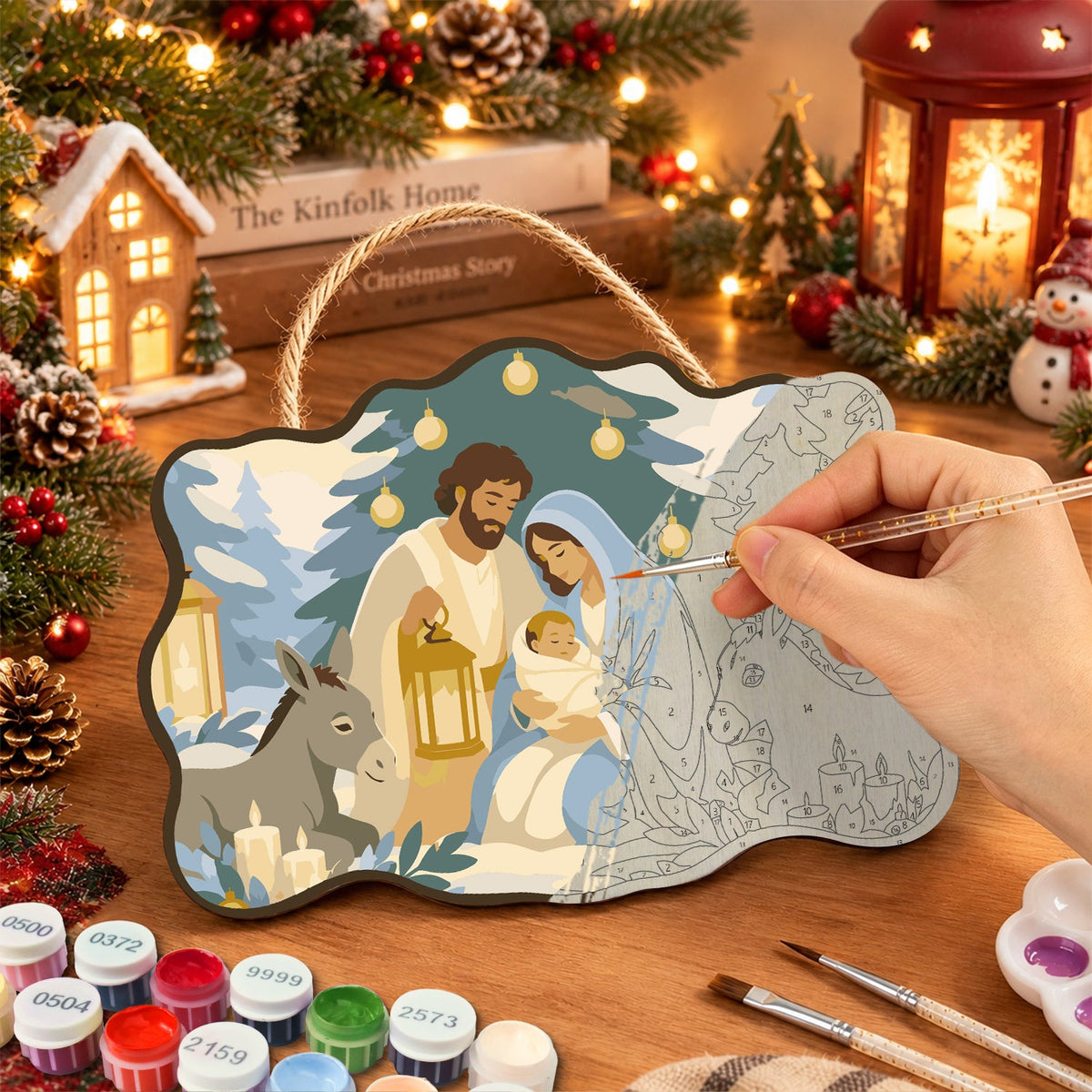 Snowy sacred scene paint by numbers door hanger painting process