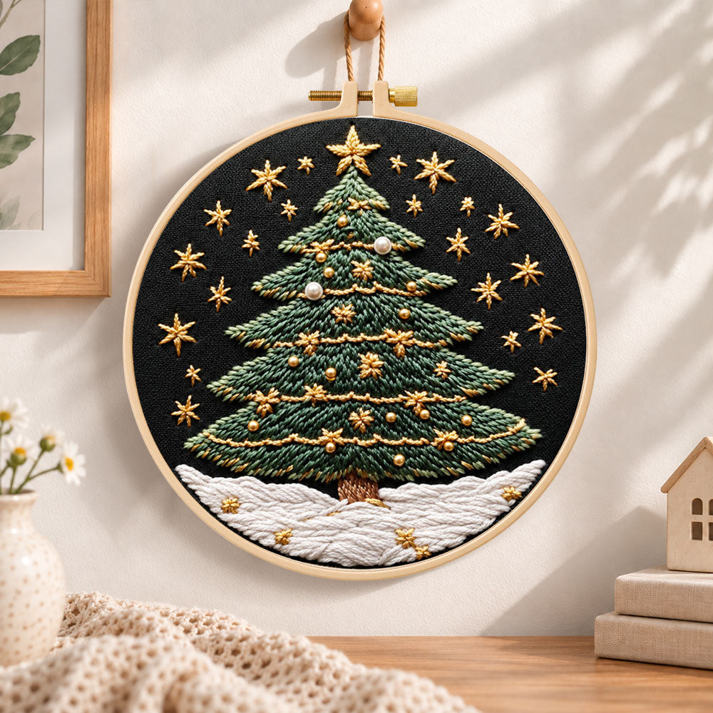 Snowy star christmas tree embroidery hoop wall art displayed as warm and cosy handmade home decor