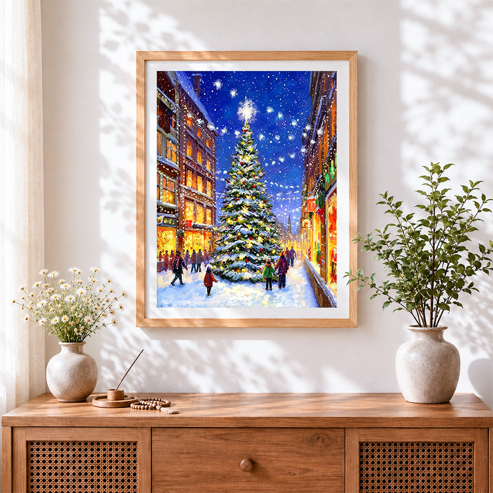 Finished snowy street with a giant christmas tree cross stitch artwork displayed