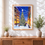Finished snowy street with a giant christmas tree cross stitch artwork displayed