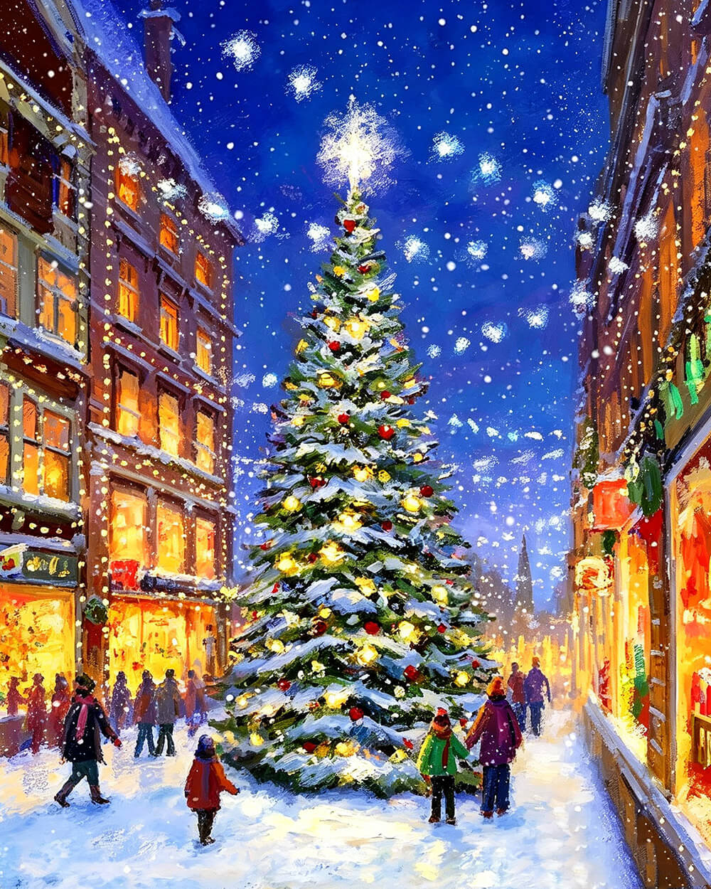 Snowy street with a giant christmas tree cross stitch kit for beginners
