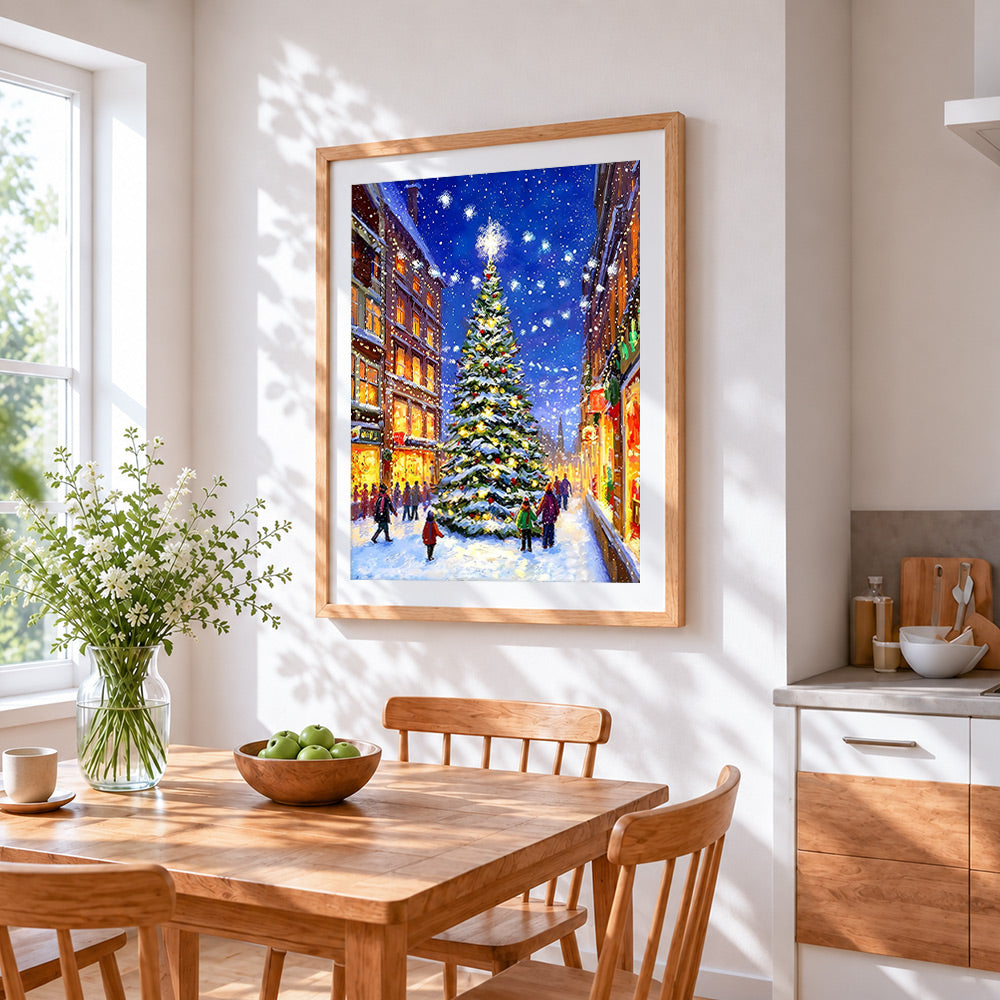 Snowy street with a giant christmas tree cross stitch artwork displayed on wall as home decor