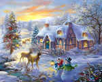 Snowy thatched cottage and deer at sunset cross stitch kit for beginners