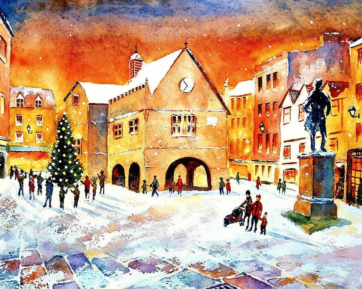 Snowy town square watercolour cross stitch kit for beginners