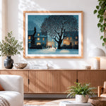 Finished snowy village and red berry tree paint by numbers artwork displayed as home decor