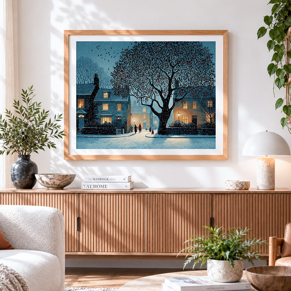 Finished snowy village and red berry tree paint by numbers artwork displayed as home decor