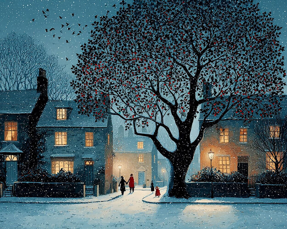 Snowy village and red berry tree paint by numbers kit for beginners