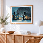 Snowy village and red berry tree paint by numbers artwork displayed on wall as home decor