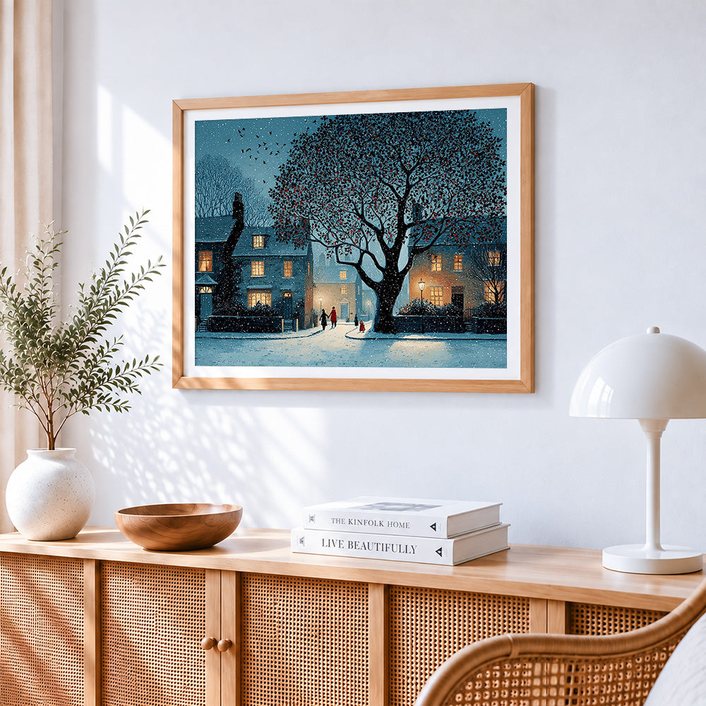 Snowy village and red berry tree paint by numbers artwork displayed on wall as home decor