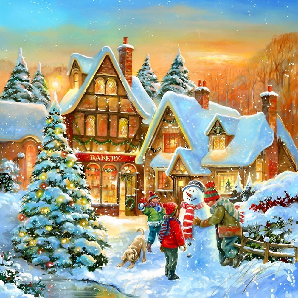 Snowy village and snowman by the bakery paint by numbers kit for beginners