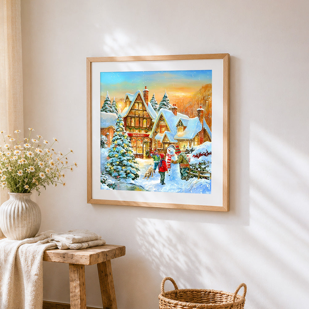 Snowy village and snowman by the bakery paint by numbers artwork displayed on wall as home decor