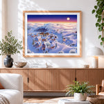 Finished snowy village in pastel twilight cross stitch artwork displayed