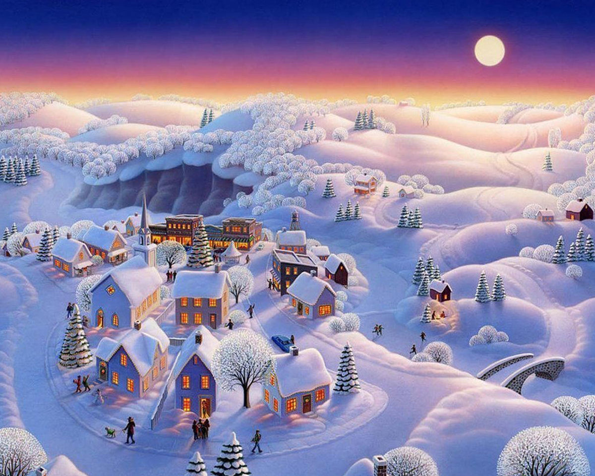 Snowy village in pastel twilight cross stitch kit for beginners