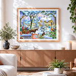 Finished snowy village with horse and cart cross stitch artwork displayed