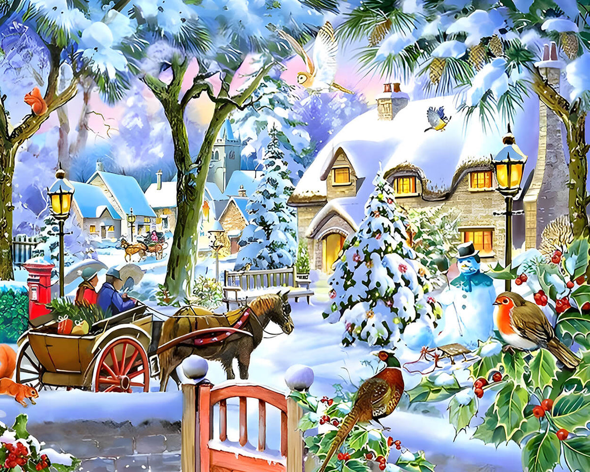 Snowy village with horse and cart cross stitch kit for beginners