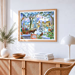 Snowy village with horse and cart cross stitch artwork displayed on wall as home decor