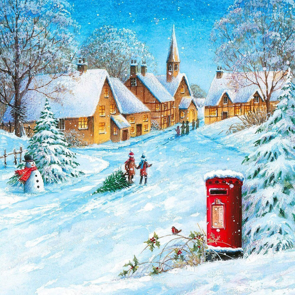 Snowy village with red post box cross stitch kit for beginners