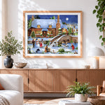 Finished snowy village with snowman and children paint by numbers artwork displayed as home decor