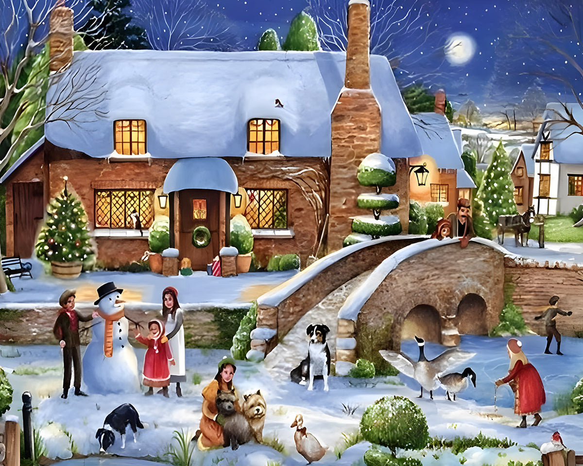 Snowy village with snowman and children paint by numbers kit for beginners