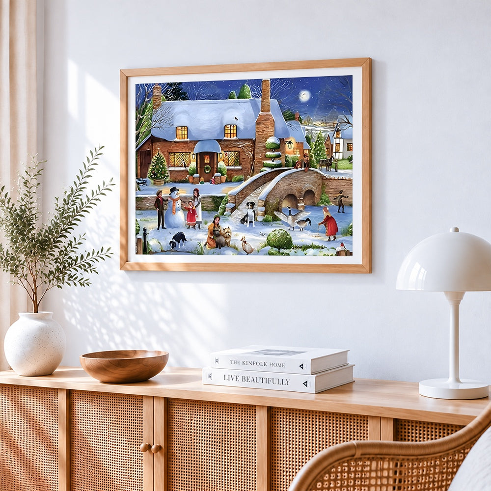 Snowy village with snowman and children paint by numbers artwork displayed on wall as home decor