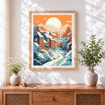 Finished snowy winter village cross stitch artwork displayed