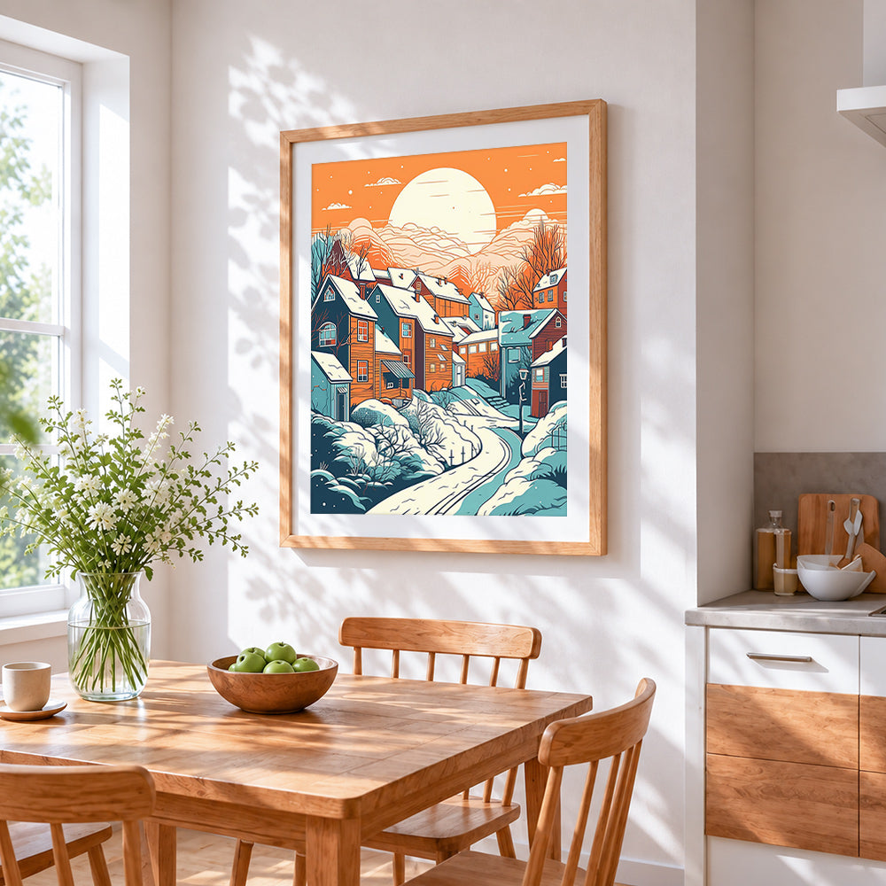 Snowy winter village cross stitch artwork displayed on wall as home decor