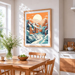Snowy winter village cross stitch artwork displayed on wall as home decor