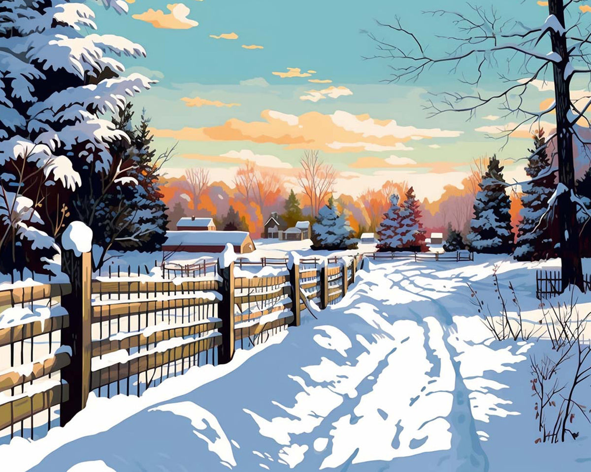 Snowy wooden fence cross stitch kit for beginners
