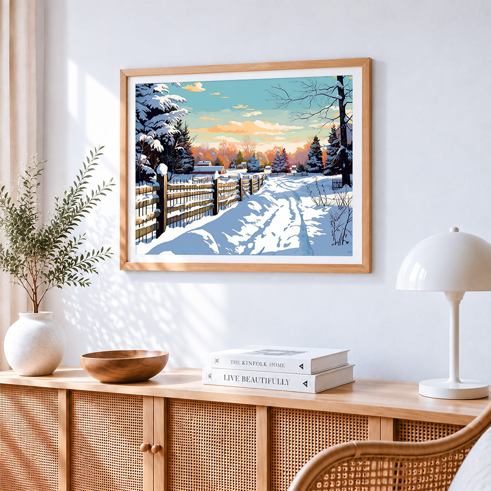 Snowy wooden fence paint by numbers artwork displayed on wall as home decor