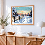 Snowy wooden fence paint by numbers artwork displayed on wall as home decor