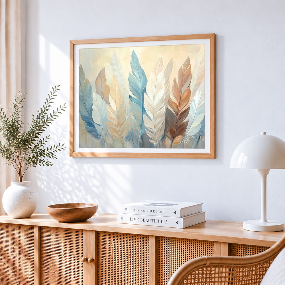 Soft pastel feathers cross stitch artwork displayed on wall as home decor