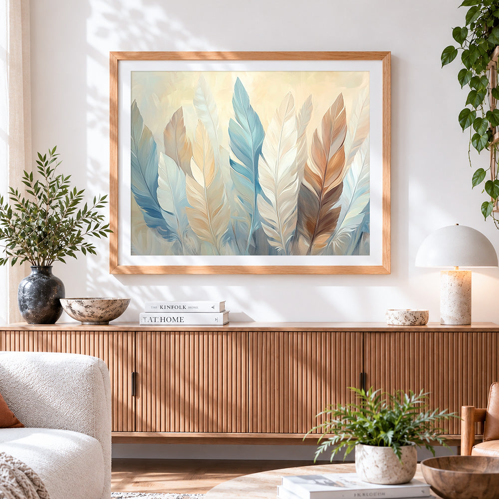 Finished soft pastel feathers paint by numbers artwork displayed as home decor