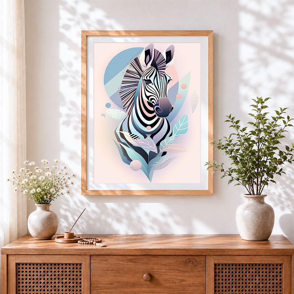 Finished soft pastel geometric zebra paint by numbers artwork displayed as home decor