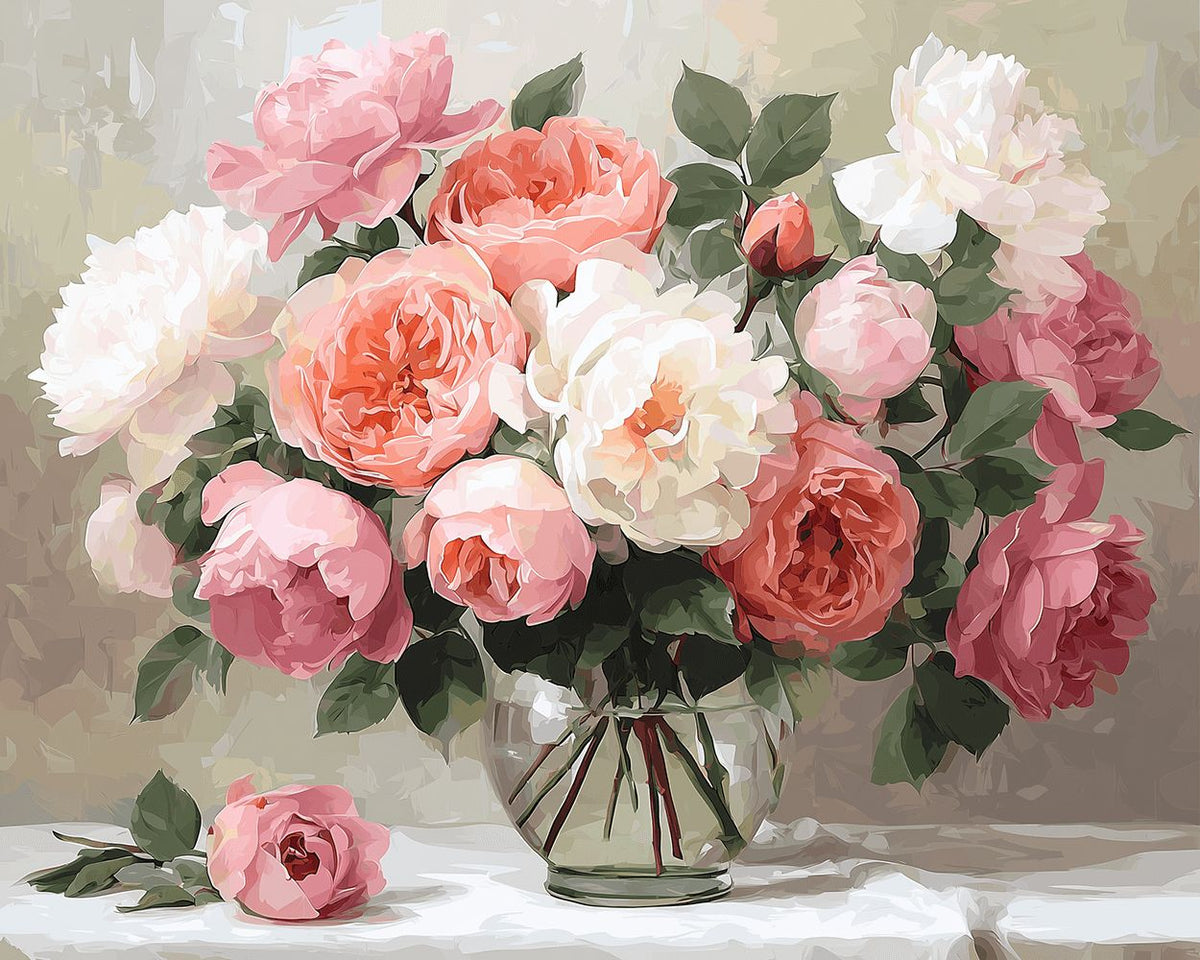 Soft pastel roses in a glass vase cross stitch kit for beginners