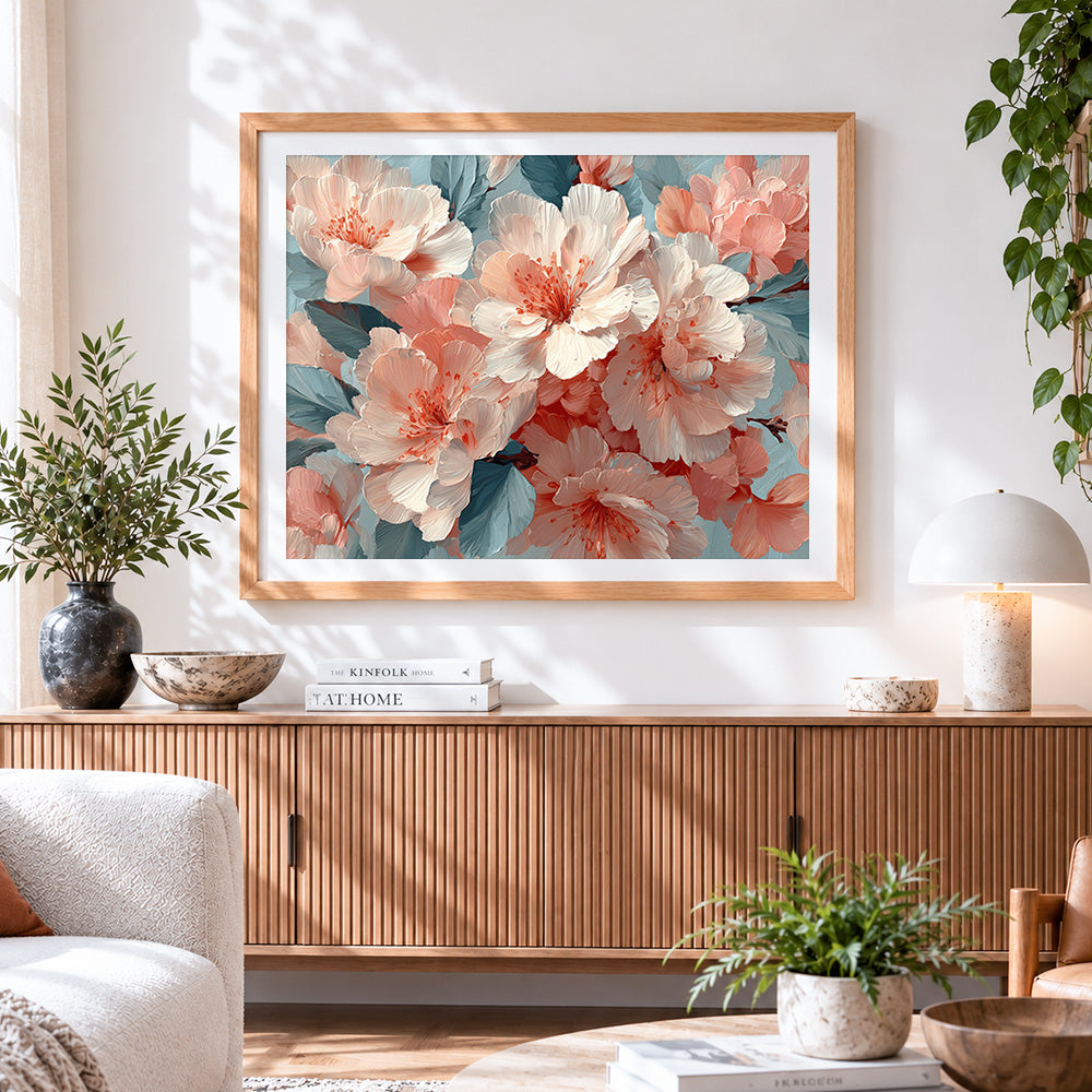 Finished soft pink cherry blossoms close up paint by numbers artwork displayed as home decor