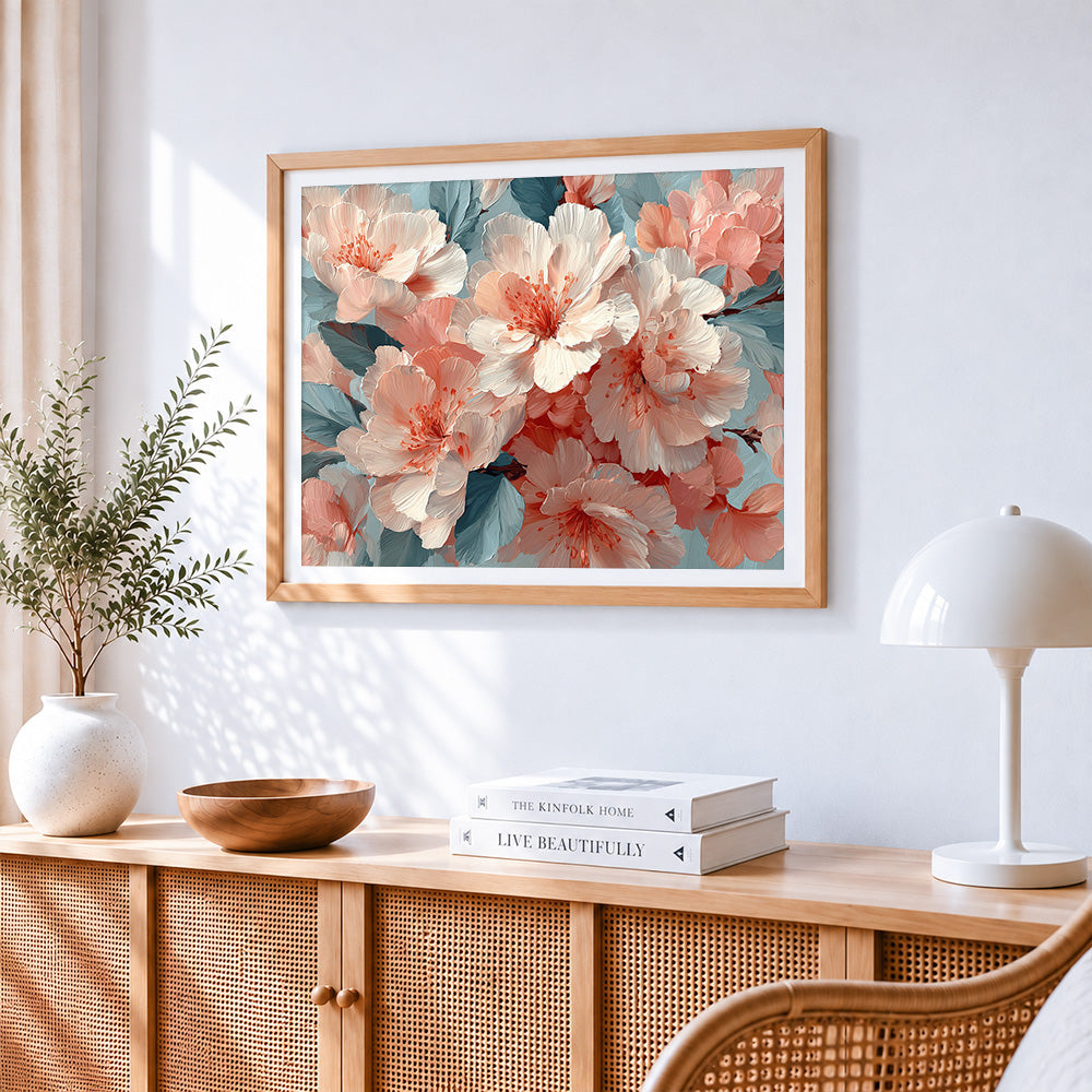 Soft pink cherry blossoms close up paint by numbers artwork displayed on wall as home decor