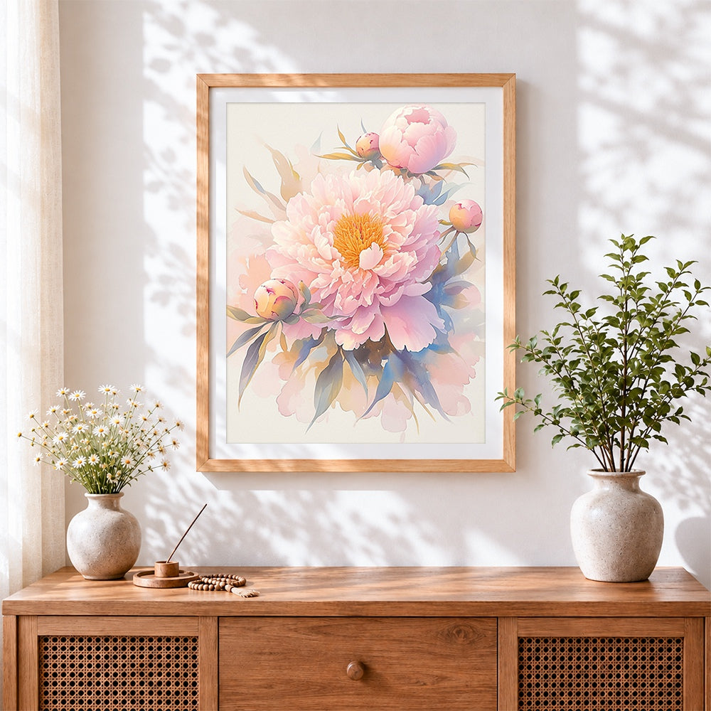 Finished soft pink peony cross stitch artwork displayed