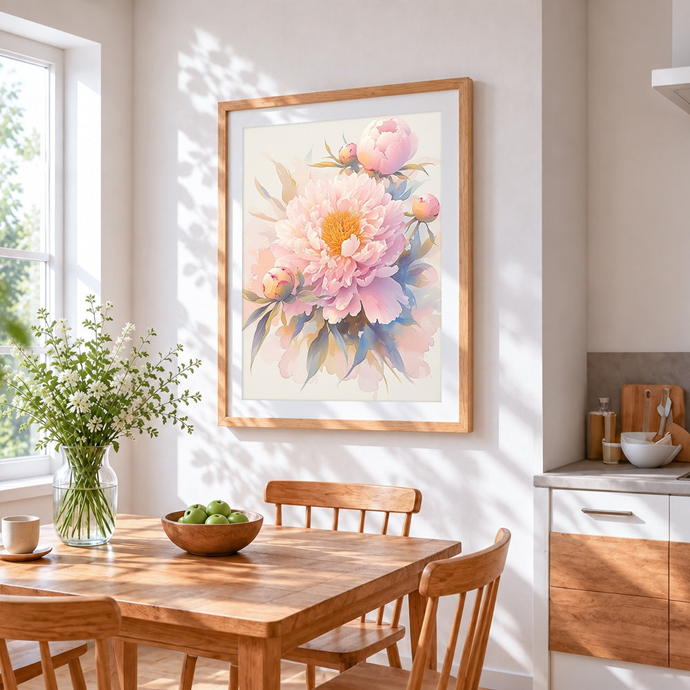Soft pink peony cross stitch artwork displayed on wall as home decor