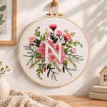 Soft pink petals and letter n embroidery hoop wall art displayed as warm and cosy handmade home decor