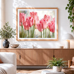 Finished soft pink tulips cross stitch artwork displayed