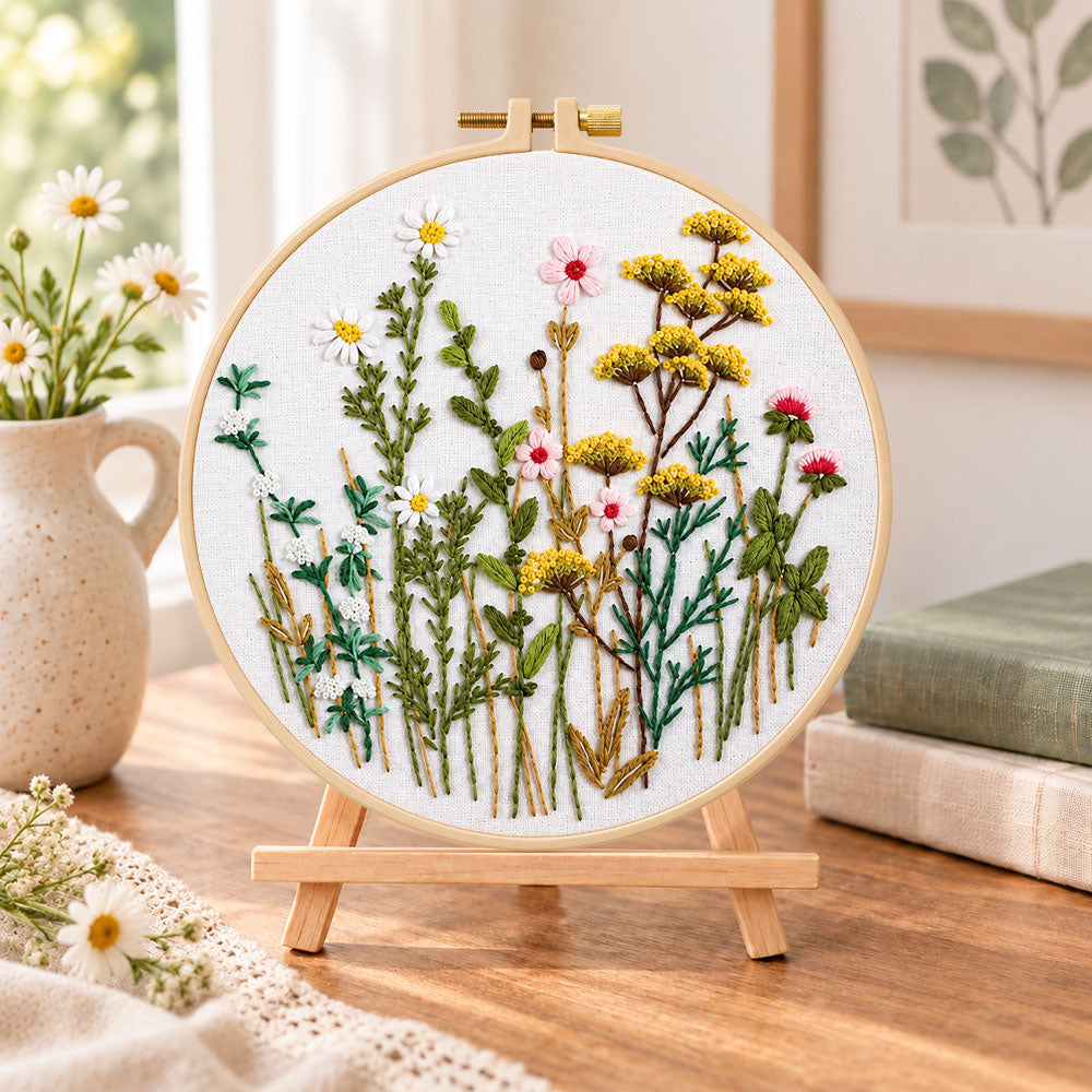 Soft wild daisy mix embroidery kit finished hoop displayed on a wooden stand as cosy tabletop decor