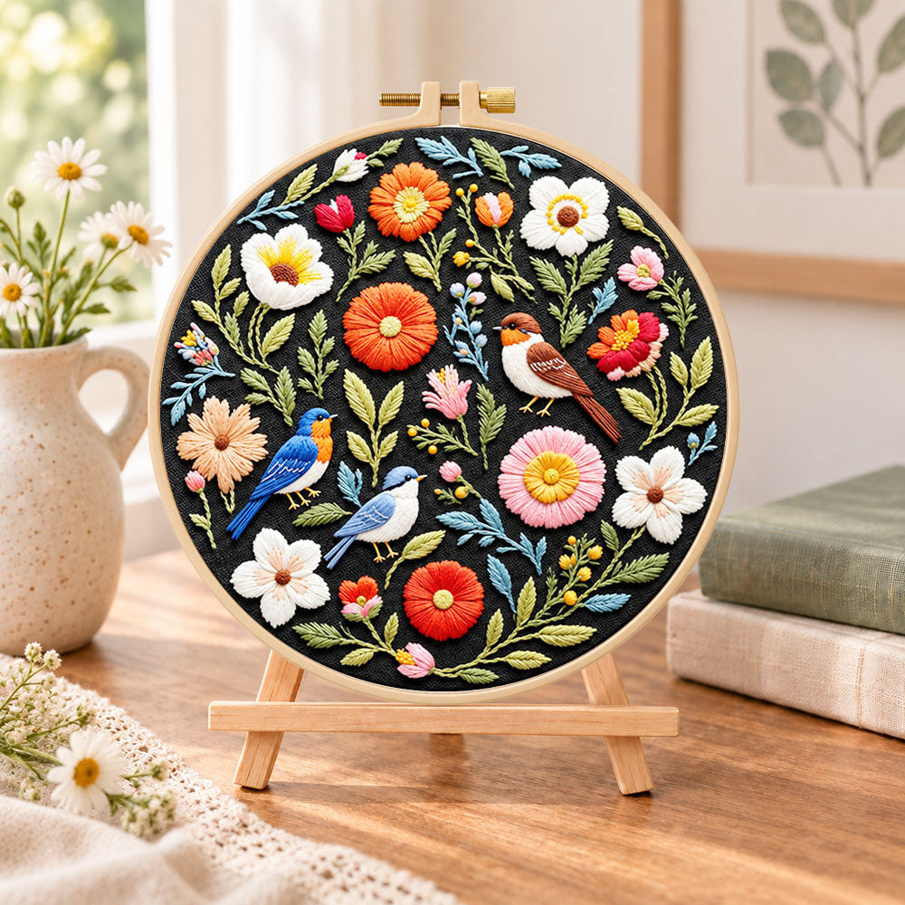 Songbirds and vibrant blooms embroidery kit finished hoop displayed on a wooden stand as cosy tabletop decor