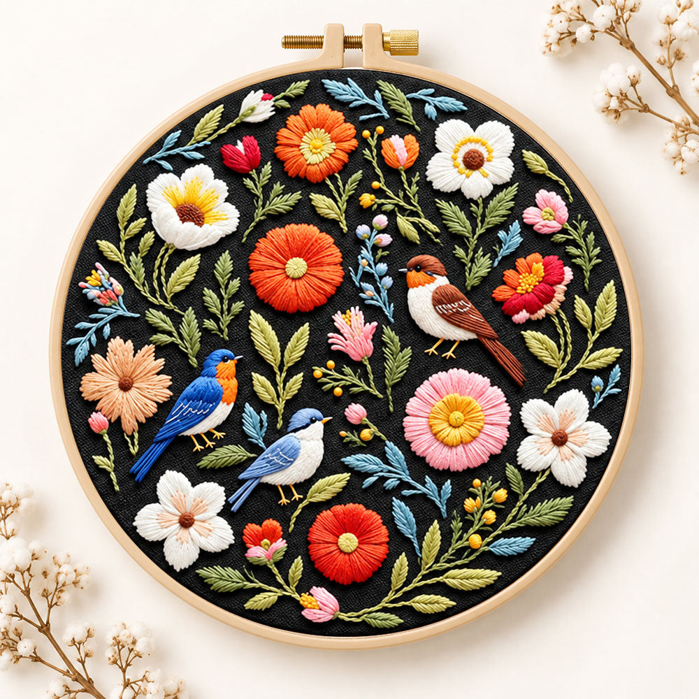 Songbirds and vibrant blooms embroidery kit