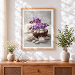Finished spa still life with orchids and candles cross stitch artwork displayed