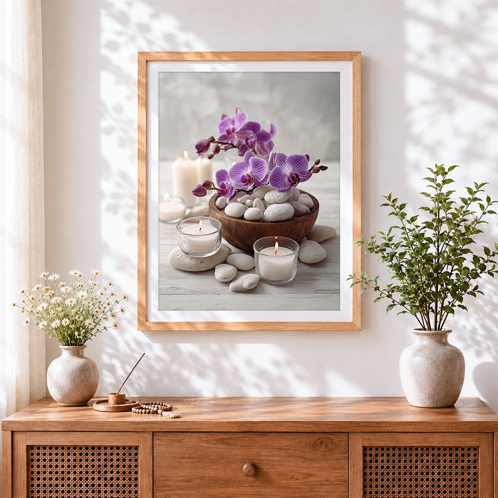 Finished spa still life with orchids and candles cross stitch artwork displayed