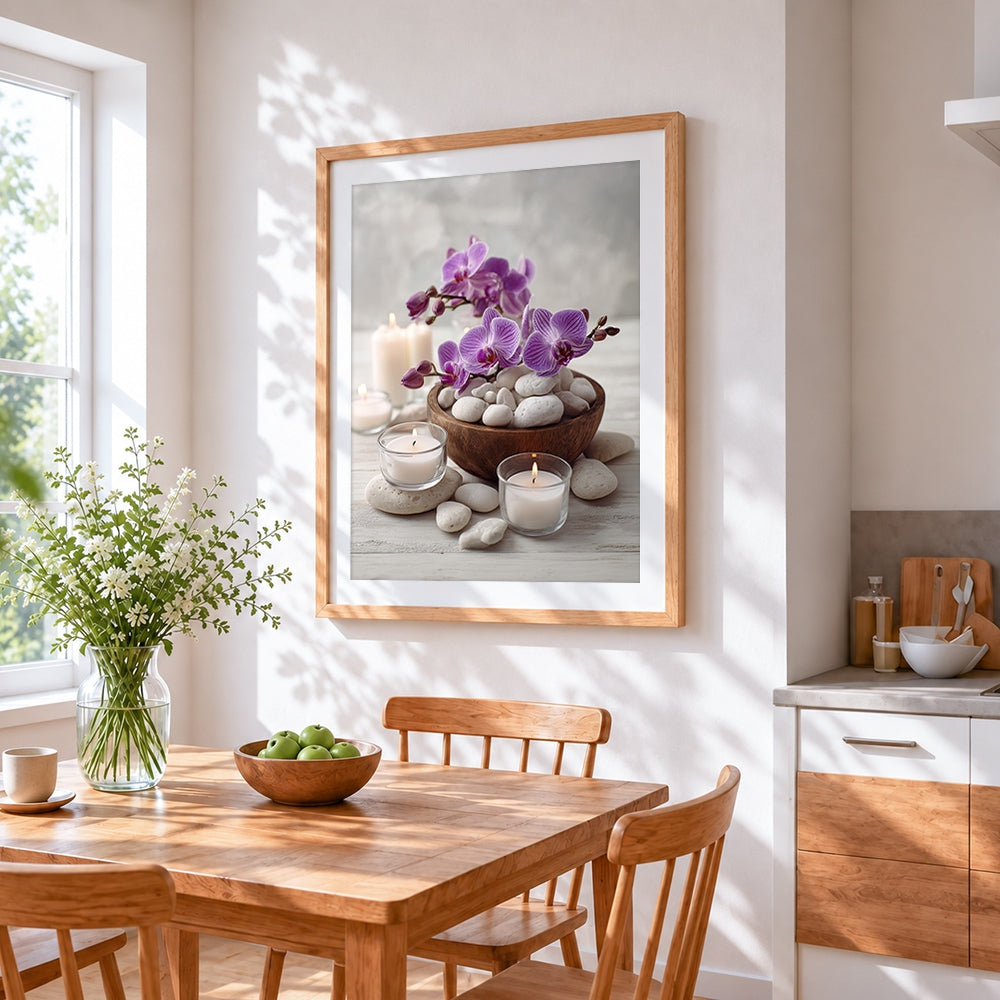 Spa still life with orchids and candles cross stitch artwork displayed on wall as home decor
