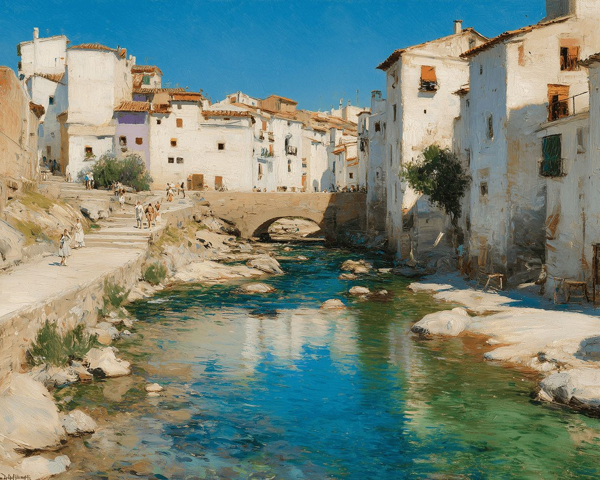 Spanish white town and river cross stitch kit for beginners